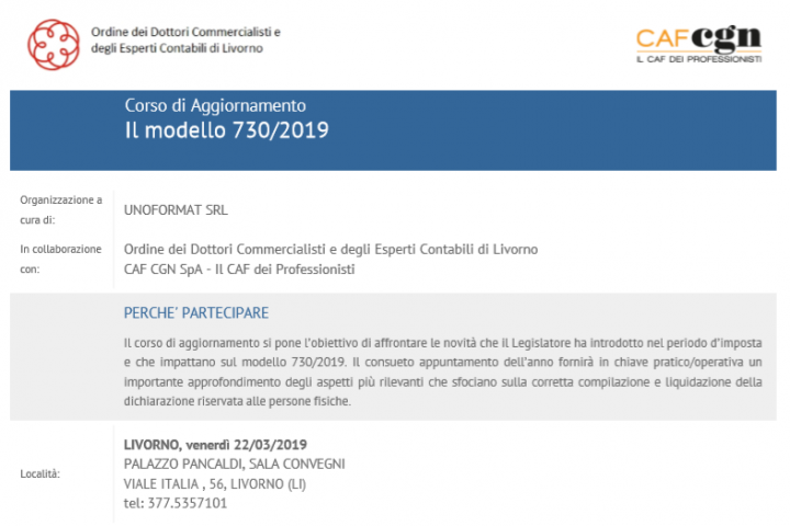 Corso di Aggiornamento Il modello 730/2019 organizzato da Uniformat, centro congressi Pancaldi - Livorno